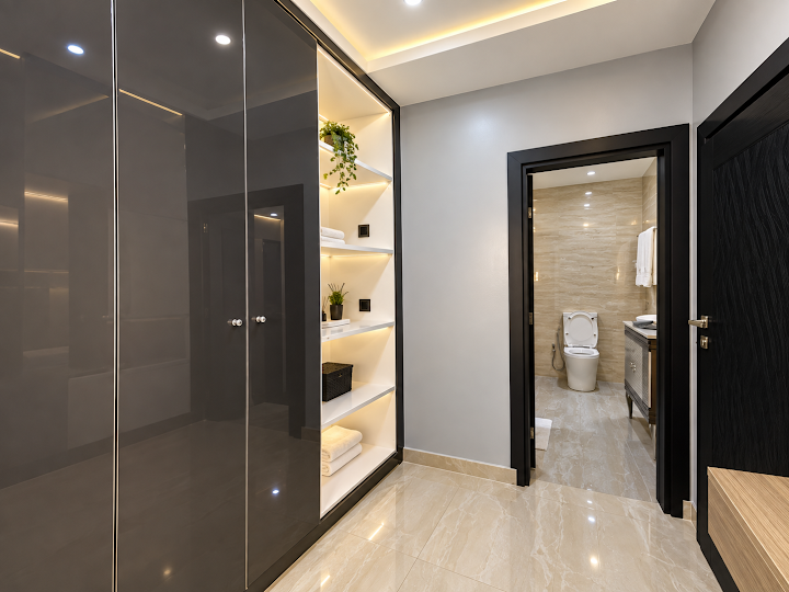 IP Hotels wardrobe and entrance to the bathroom