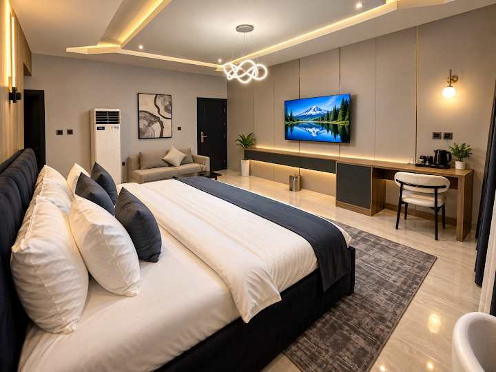 IP Hotels guest bedroom with upholstered bed and seating