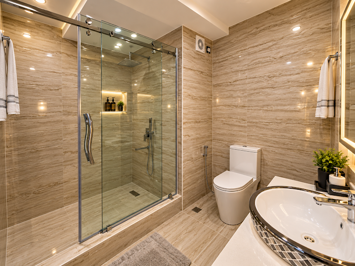 IP Hotels bathroom with glass shower and marble-toned finishes